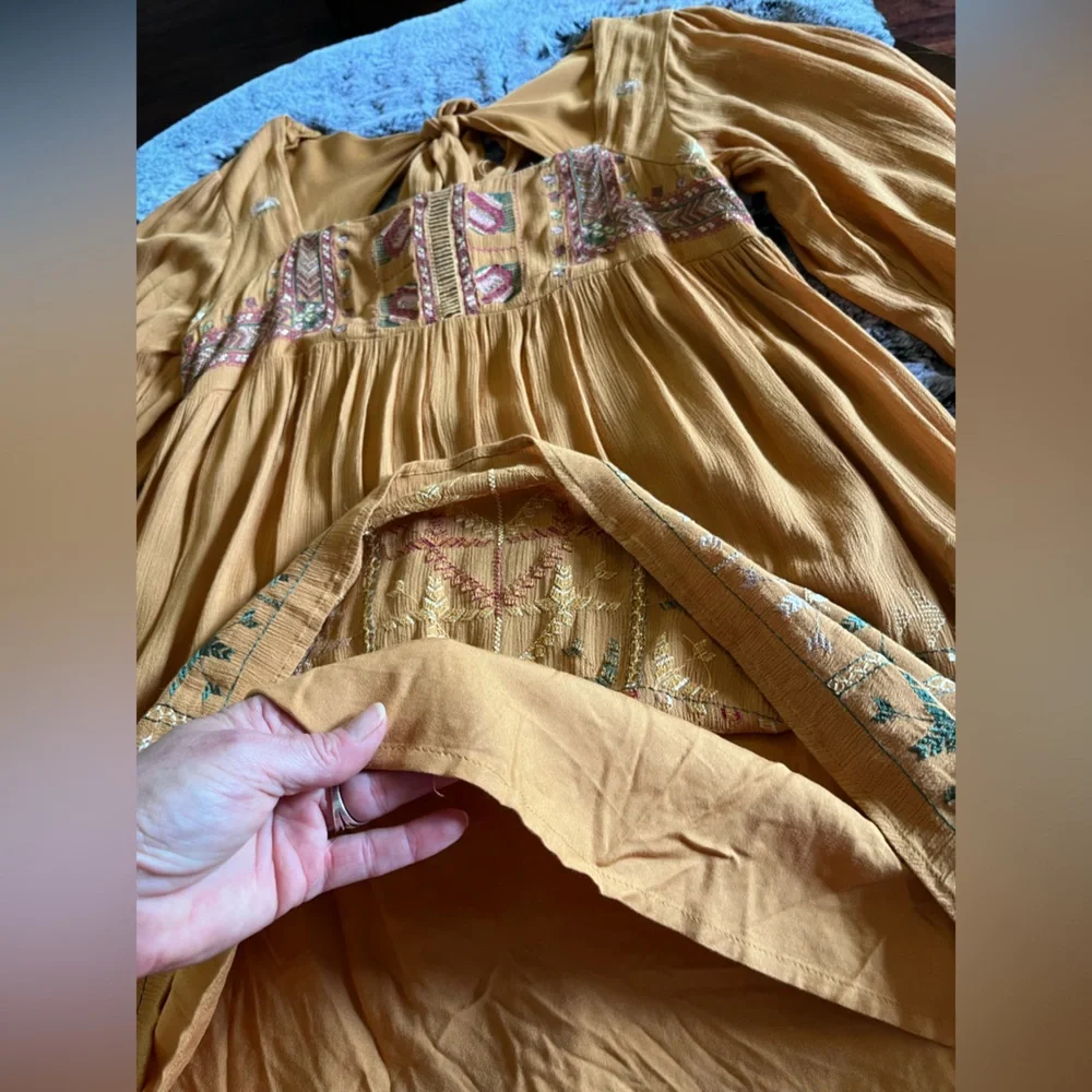 NWT Free People Mustard Yellow Bishop Sleeve Sundress Embroidered Small Mini
